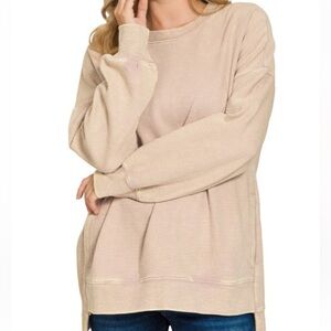 Women's Relaxed Ribbed Pullover Top - Beige